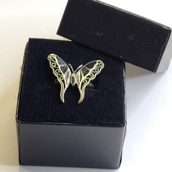 Silver and Onyx Butterfly Ring 925 Sterling Silver, Butterfly Filigree Ring 8.5 - Picture 5 of 11